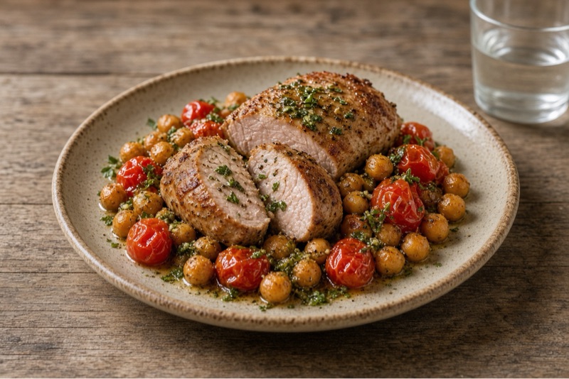 Pork Tenderloin With Chickpeas, Tomatoes and Oregano Vinaigrette