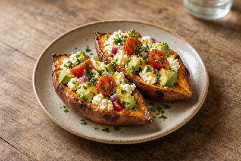 Mediterranean Stuffed Sweet Potatoes with Whipped Feta & Avocado