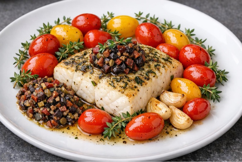 Herb-Baked Halibut with Tapenade